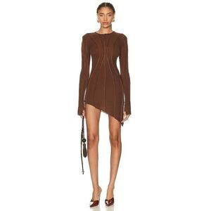 Sami Miro Vintage NWT Asymmetric Long Sleeve Mini Dress Double Dyed Brown Medium